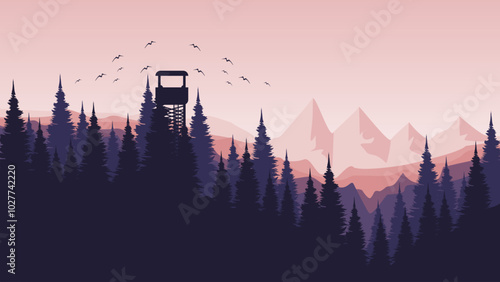 morning mountain view with pine forest silhouette flat design vector illustration good for presentation, advertising, ads, business, wallpaper, backdrop, background, and web banner