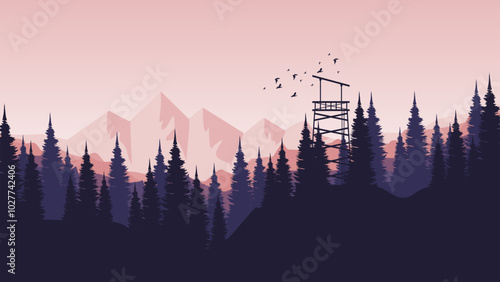 morning mountain view with pine forest silhouette flat design vector illustration good for presentation, advertising, ads, business, wallpaper, backdrop, background, and web banner