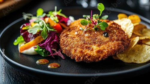 Crispy Breaded Dish with Fresh Salad and Chips