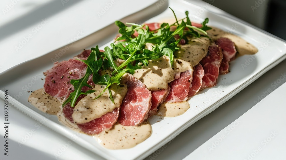 Fresh Beef Carpaccio with Creamy Sauce and Greens Fresh Beef Carpaccio with Creamy Sauce and Greens