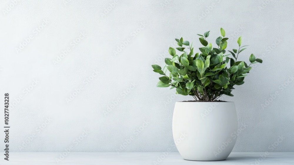 Fototapeta premium A green plant in a classic white ceramic pot with a clean, soft background, representing modern design and elegance