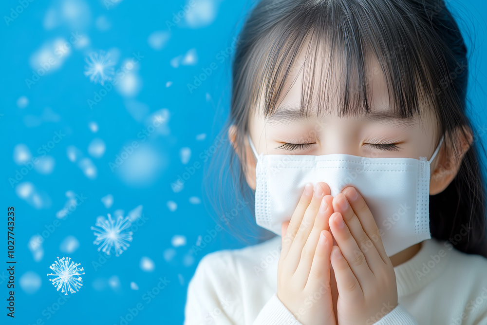Young girl wearing a mask against a blue background with flying pollen Young girl wearing a mask against a blue background with flying pollen