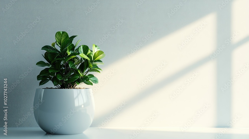 Fototapeta premium A green plant in a classic white ceramic pot with a clean, soft background, representing modern design and elegance