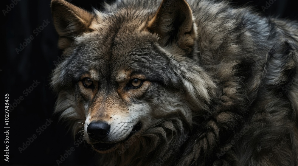 Obraz premium A silhouetted figure of a wolf with a dense, fluffy coat stands against a dark background