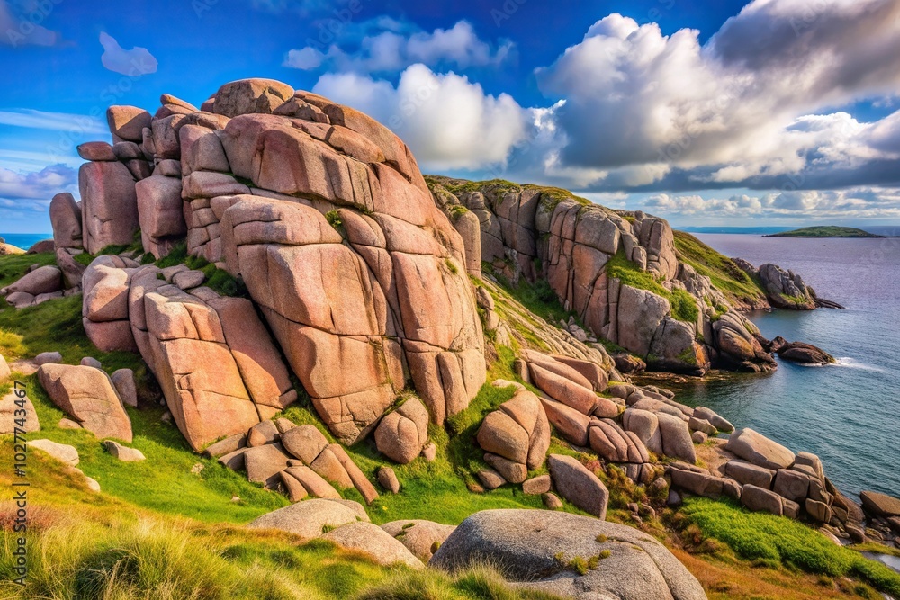 Fototapeta premium Pink granite rock formation in Cloughglass County Donegal, scenic beauty, landscape, rock formation, scenic, environment,pink granite, stonescape, texture, Irish countryside, sedimentary