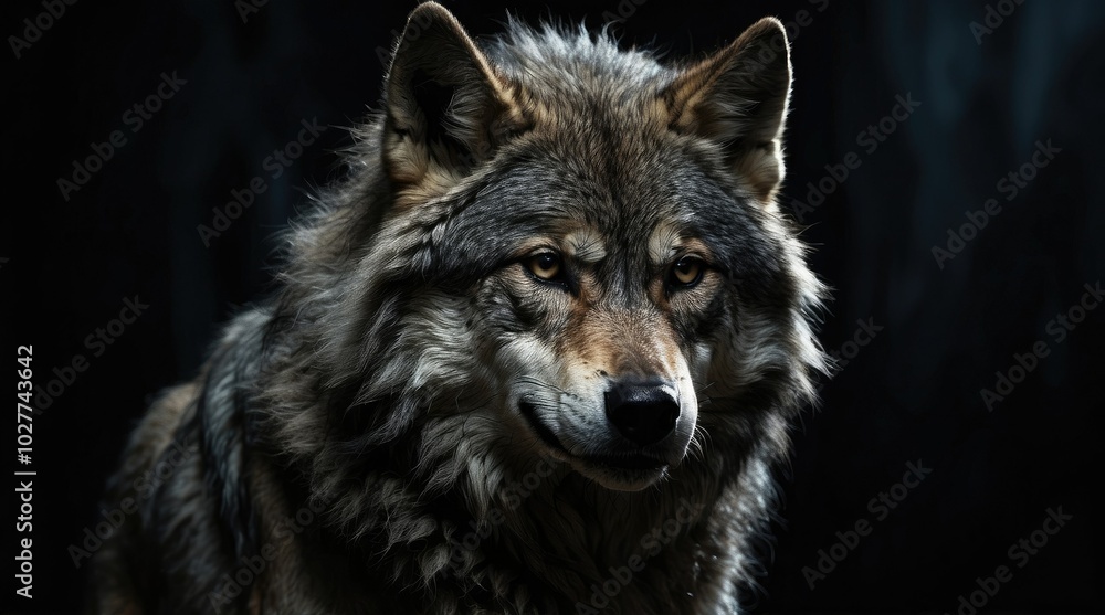 A silhouetted figure of a wolf with a dense, fluffy coat stands against a dark background A silhouetted figure of a wolf with a dense, fluffy coat stands against a dark background