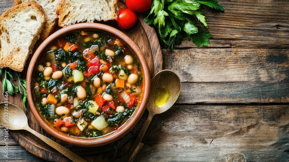 Colorful Vegetable Soup in Bowl on Wooden Table Colorful Vegetable Soup in Bowl on Wooden Table