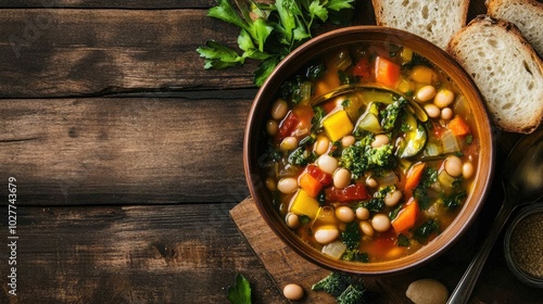 Fresh Vegetable Soup with Bread and Greens on Wooden Table