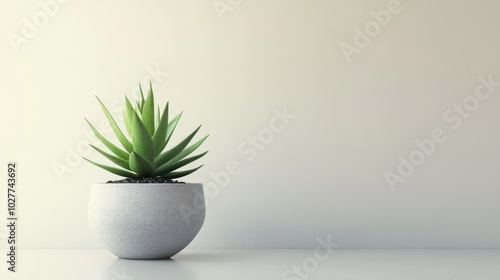 A green plant in a minimalist grey flowerpot with a simple, clean background, emphasizing natural beauty and design