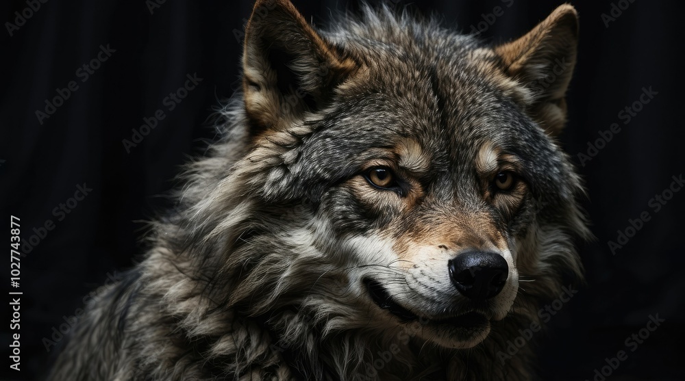A silhouetted figure of a wolf with a dense, fluffy coat stands against a dark background A silhouetted figure of a wolf with a dense, fluffy coat stands against a dark background