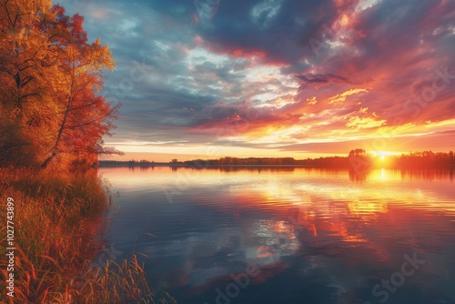 The sunset casts brilliant hues across the sky, mirrored in the still waters, while autumn foliage enhances the tranquil lakeside view. Generative AI