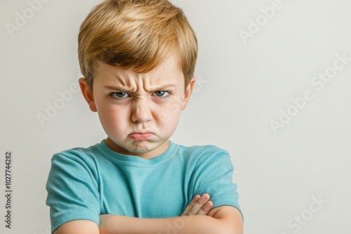A close-up of a young child with an angry expression, furrowed brows, and crossed arms, standing against a clean, white background
