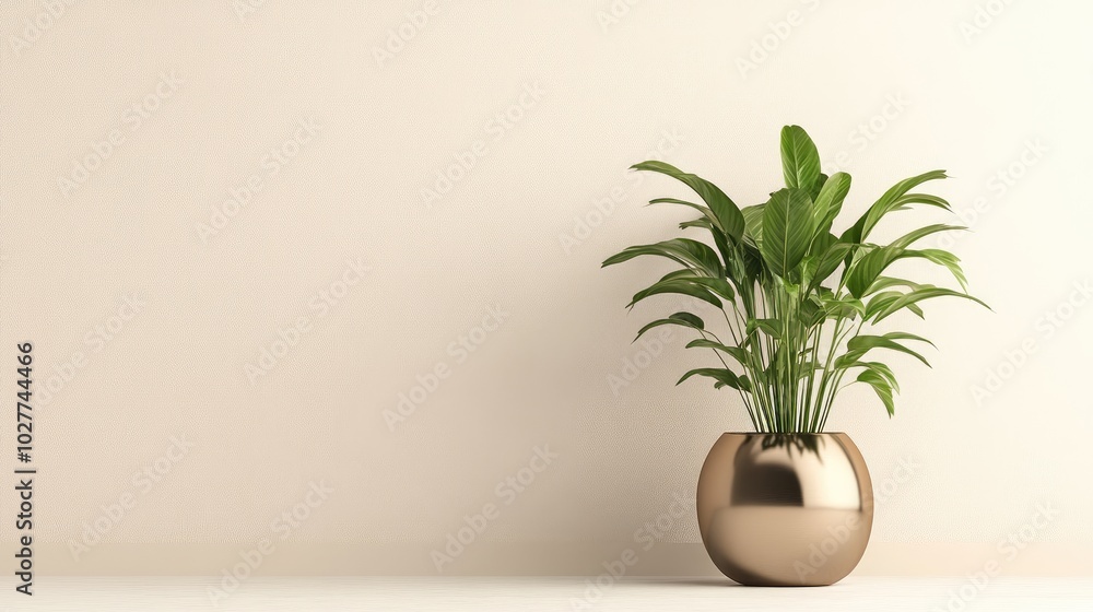 A green plant in a sleek, metallic pot with a clean, neutral background, showcasing contemporary home decor A green plant in a sleek, metallic pot with a clean, neutral background, showcasing contemporary home decor