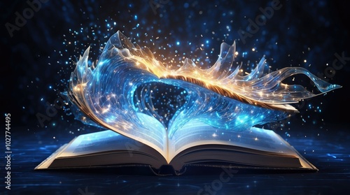 An open book illuminated by shimmering blue light, with digital data streams and glowing particles ascending from its pages. photo