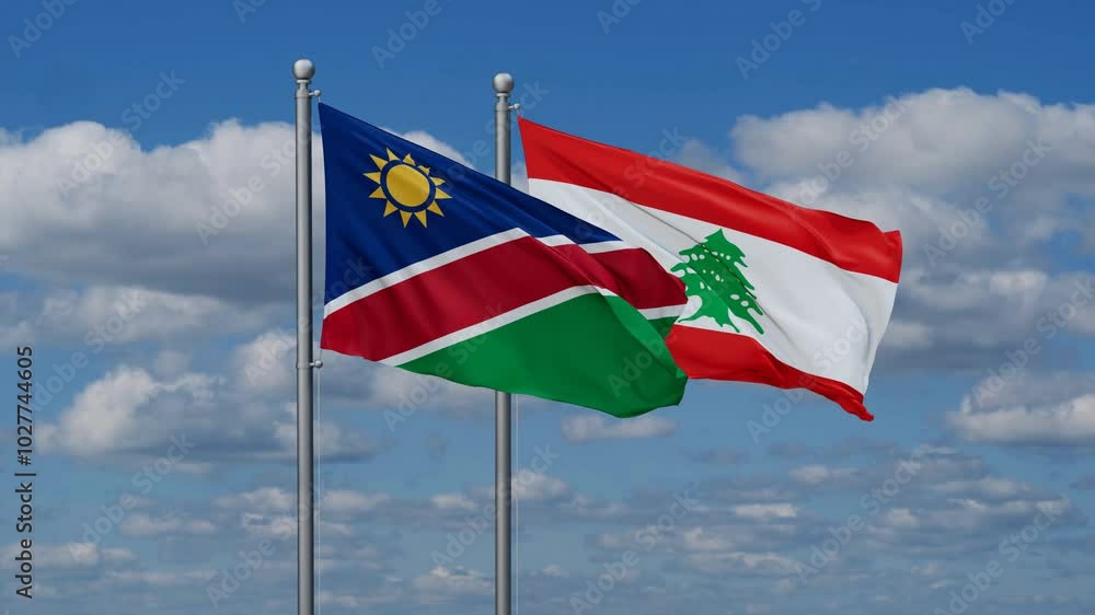 Lebanon and Namibia flags flying together, video concept of the relationship, two country cooperation concept Lebanon and Namibia flags flying together, video concept of the relationship, two country cooperation concept