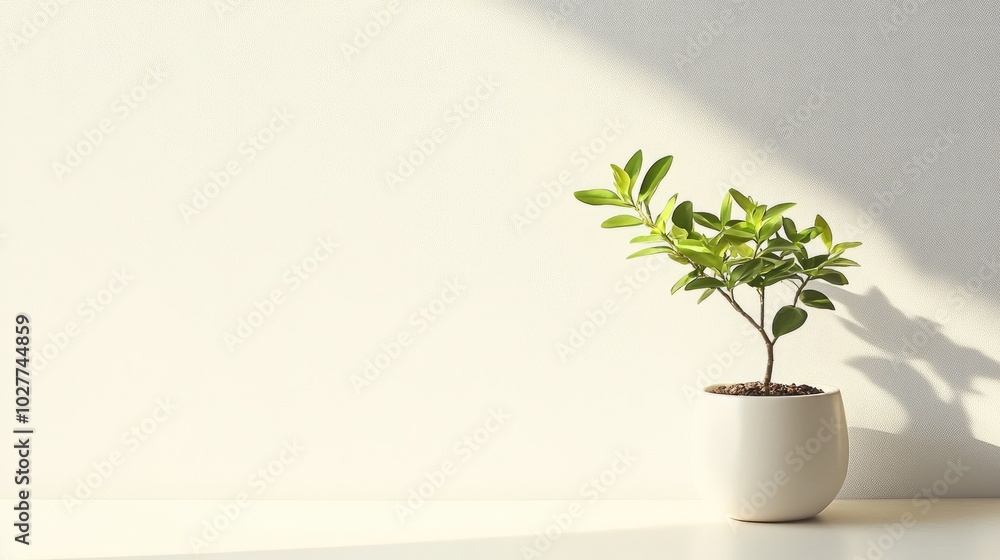 A green plant in a small, white flowerpot with a minimalist, bright background, emphasizing simplicity and elegance A green plant in a small, white flowerpot with a minimalist, bright background, emphasizing simplicity and elegance