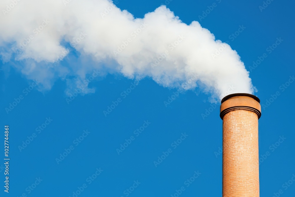 Industrial chimney emitting smoke against a clear blue sky. Industrial chimney emitting smoke against a clear blue sky.
