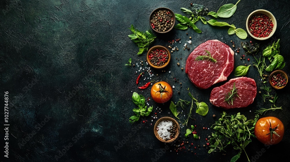 Fresh Meat Cut with Herbs and Spices on Dark Surface Fresh Meat Cut with Herbs and Spices on Dark Surface