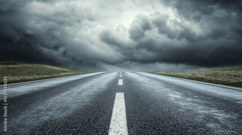 Storm over the road in the countrtyside, heavy clouds on sky Storm over the road in the countrtyside, heavy clouds on sky
