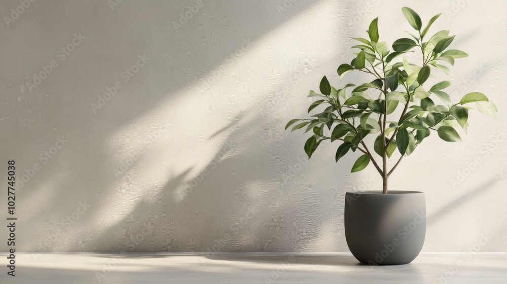 A green plant in a stylish matte grey pot against a pristine, uncluttered backdrop, highlighting contemporary design A green plant in a stylish matte grey pot against a pristine, uncluttered backdrop, highlighting contemporary design