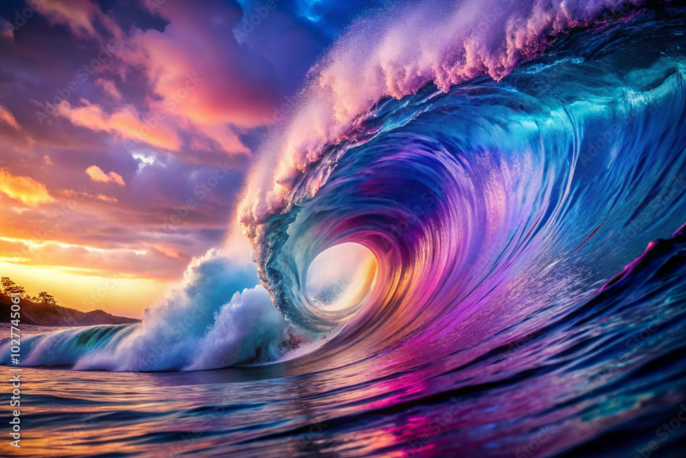 A majestic wave crashes in vibrant colors as the sun sets. A majestic wave crashes in vibrant colors as the sun sets.