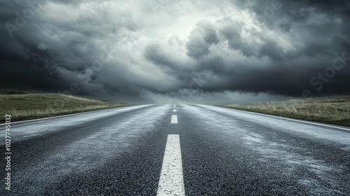 Storm over the road in the countrtyside, heavy clouds on sky