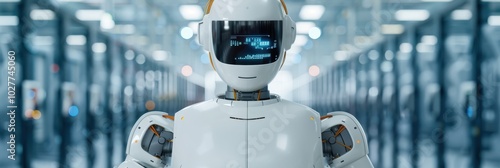 Futuristic humanoid robot in a high-tech data center. Advanced technology and artificial intelligence concept for innovation and robotics. photo