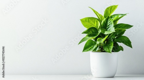 A green plant with broad leaves in a white flowerpot on a simple, clean background, highlighting natural elegance photo