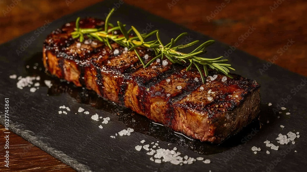 Grilled Steak with Herb Garnish on Slate Plate Grilled Steak with Herb Garnish on Slate Plate