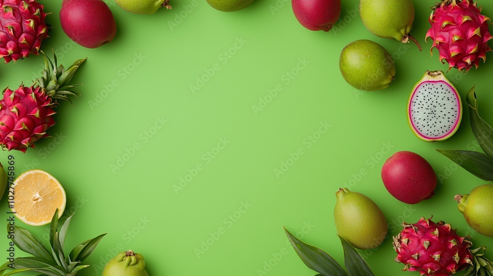Vibrant Dragon Fruits and Guavas on Lime Green Background - Fresh Tropical Pattern for Food and Health Themes Vibrant Dragon Fruits and Guavas on Lime Green Background - Fresh Tropical Pattern for Food and Health Themes