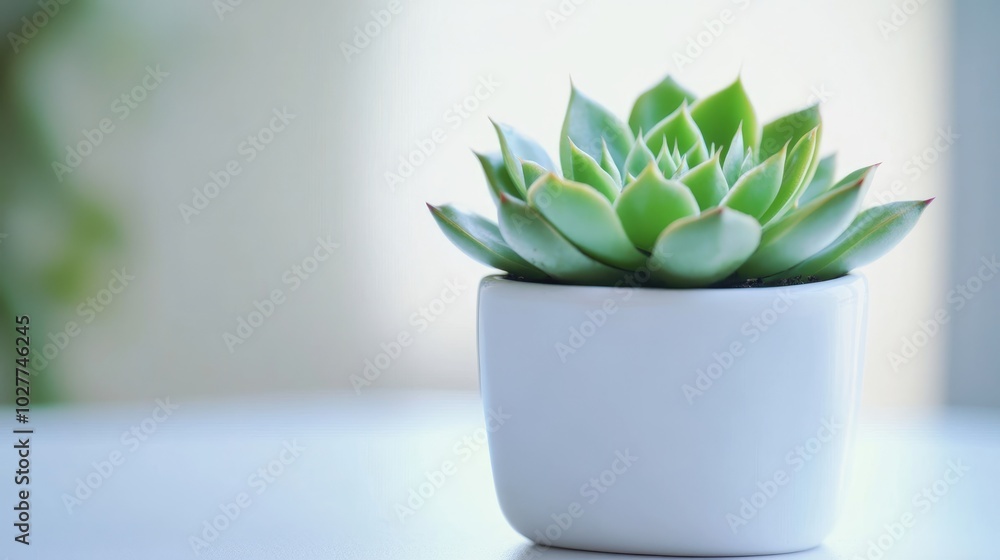 A green succulent in a sleek white pot on a bright, clean backdrop, showcasing modern style and freshness A green succulent in a sleek white pot on a bright, clean backdrop, showcasing modern style and freshness