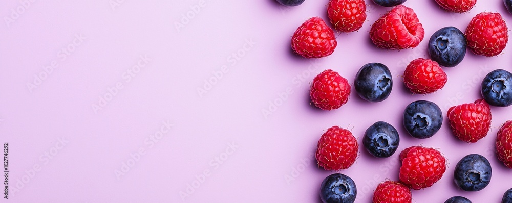 Fresh Blueberries and Raspberries on Lavender Background - Vibrant Diagonal Fruit Arrangement for Healthy Food Concepts Fresh Blueberries and Raspberries on Lavender Background - Vibrant Diagonal Fruit Arrangement for Healthy Food Concepts