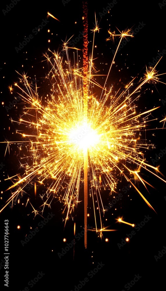 A glowing sparkler against a black background. A glowing sparkler against a black background.