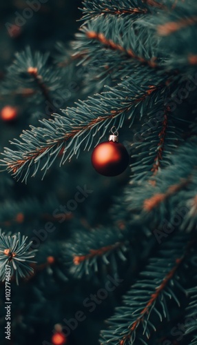 Wallpaper Mural A single red ornament hangs from a green pine tree branch, creating a festive and cozy atmosphere. Torontodigital.ca