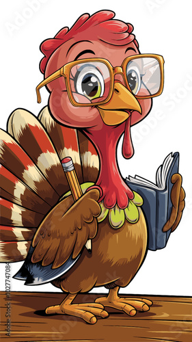 Smart Turkey Student Wearing Glasses Book Pencil