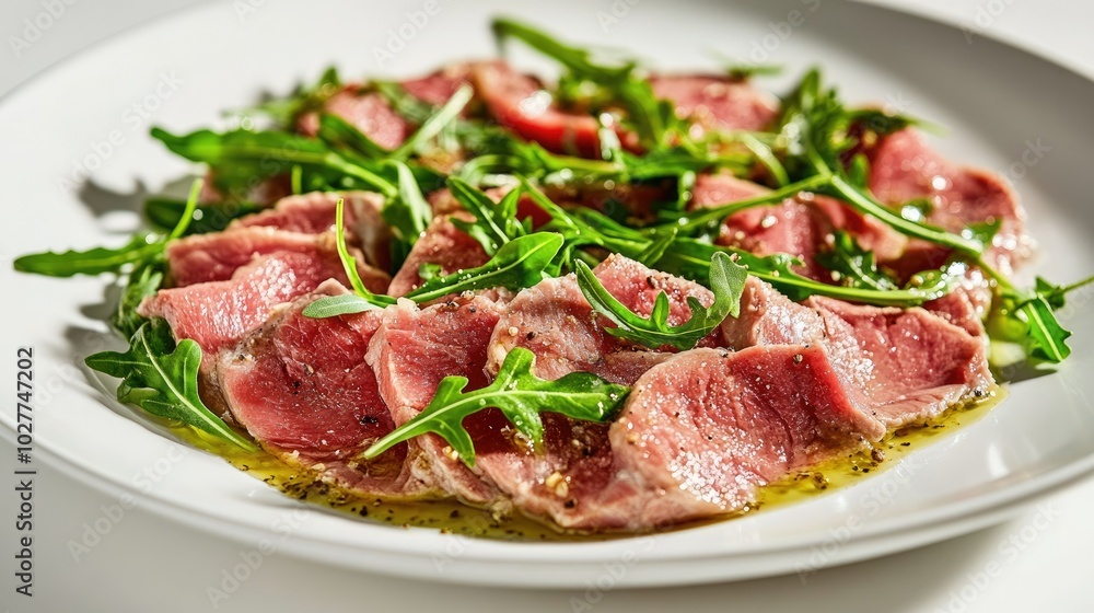 Fresh Meat Dish with Arugula Garnish on White Plate Fresh Meat Dish with Arugula Garnish on White Plate