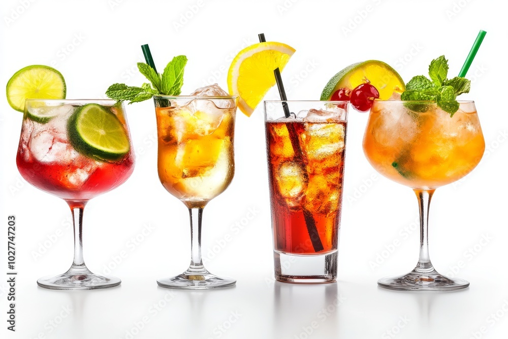 Four refreshing summer cocktails with fruit garnishes and ice in different glasses on a white background. Four refreshing summer cocktails with fruit garnishes and ice in different glasses on a white background.