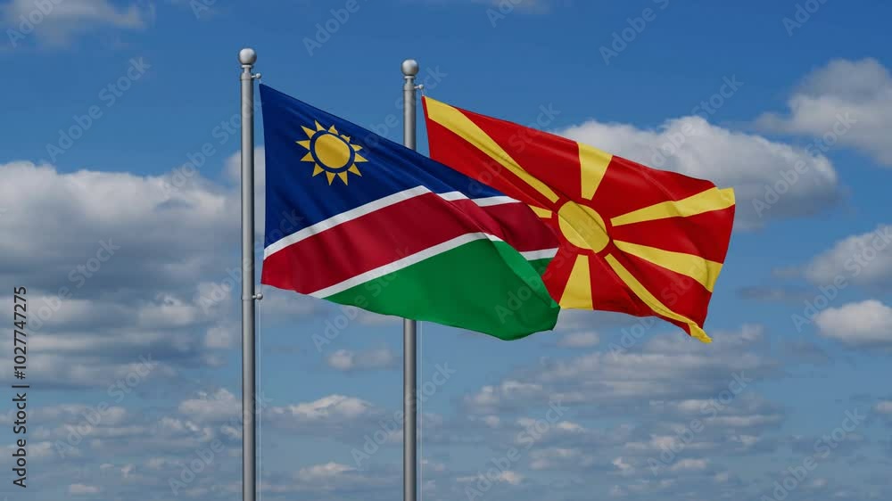 Namibia and North Macedonia flags flying together, video concept of the relationship Namibia and North Macedonia flags flying together, video concept of the relationship