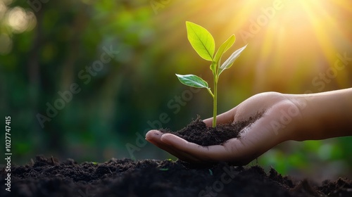 A hand cradling a sprouting seedling with a picturesque, natural backdrop, symbolizing environmental stewardship and growth