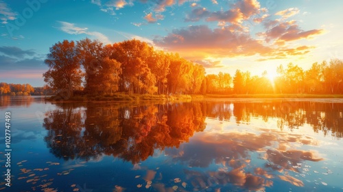 The sky glows with warm colors as the sun sets, reflecting beautifully on the tranquil water among autumn foliage. Generative AI