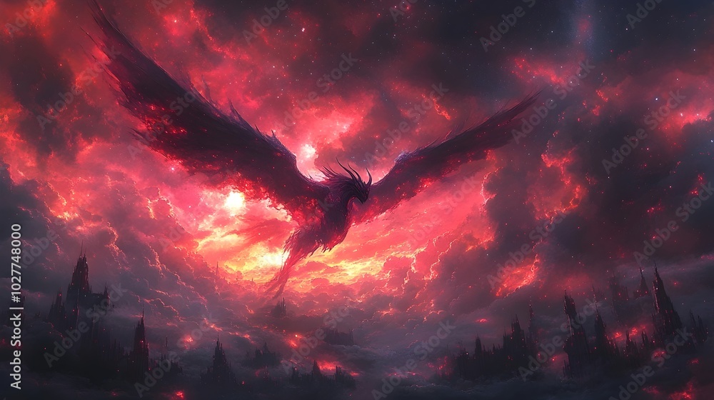 Fototapeta premium A fiery dragon soars through a sky ablaze with crimson and orange hues, casting a dramatic silhouette against the glowing clouds.