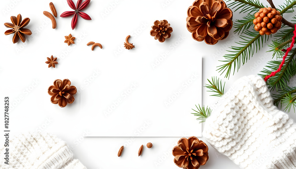 Blank card near pine cones, spices, white knitted sweater and fir twigs. Christmas mockup isolated with white highlights, png Blank card near pine cones, spices, white knitted sweater and fir twigs. Christmas mockup isolated with white highlights, png