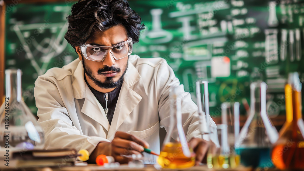 A scientist in a laboratory wearing goggles and a lab coat, focused on a chemistry experiment with various glassware and chemical reactions. A scientist in a laboratory wearing goggles and a lab coat, focused on a chemistry experiment with various glassware and chemical reactions.