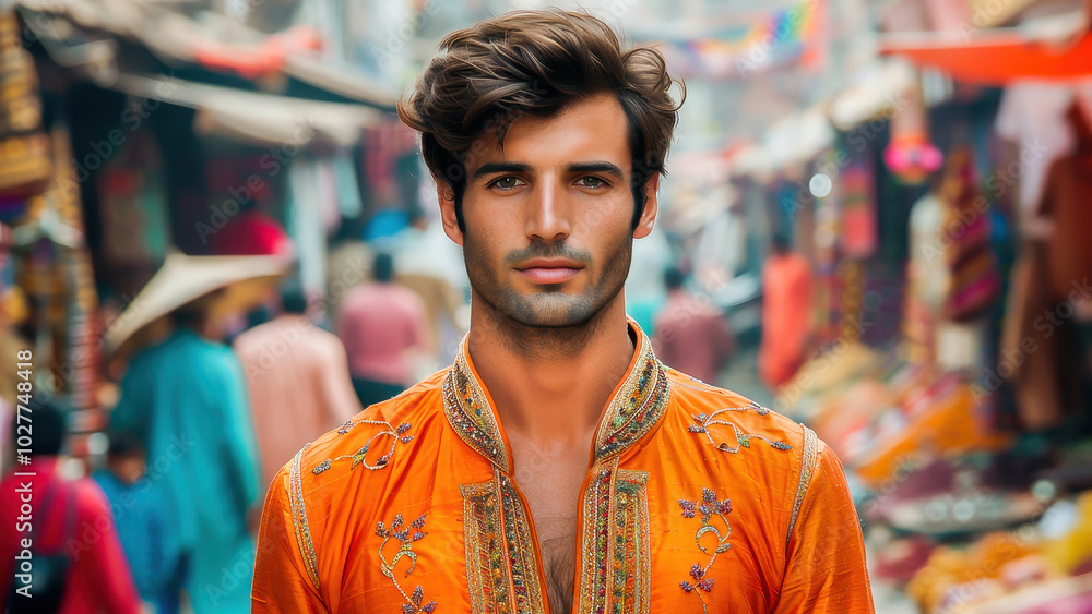 A man in colorful traditional clothing stands confidently in a vibrant market street, showcasing a blend of cultural and modern fashion. A man in colorful traditional clothing stands confidently in a vibrant market street, showcasing a blend of cultural and modern fashion.