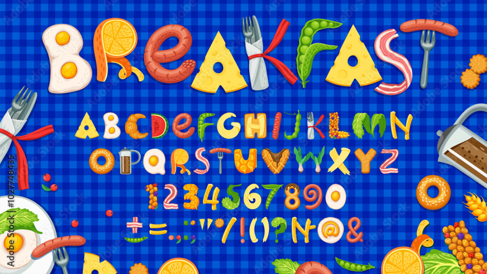 Fototapeta premium Carton breakfast food font, lunch typeface, healthy type, appetizing alphabet letters and numbers vector typography. Breakfast dishes english abc characters with sausages, eggs, coffee and croissant