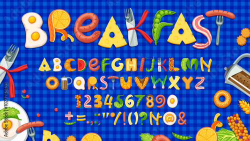 Carton breakfast food font, lunch typeface, healthy type, appetizing alphabet letters and numbers vector typography. Breakfast dishes english abc characters with sausages, eggs, coffee and croissant