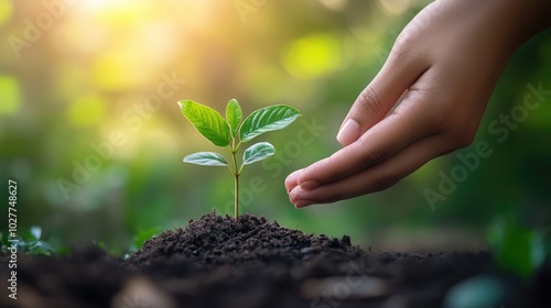 A hand gently supporting a small green plant with a serene nature setting in the background, highlighting environmental responsibility