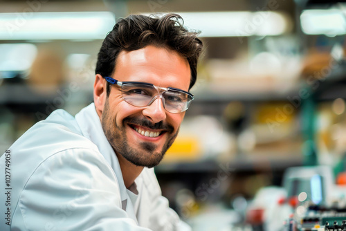 A smiling scientist wearing safety glasses and a lab coat, working in a modern laboratory. The environment is filled with advanced scientific equipment, reflecting innovation and research.