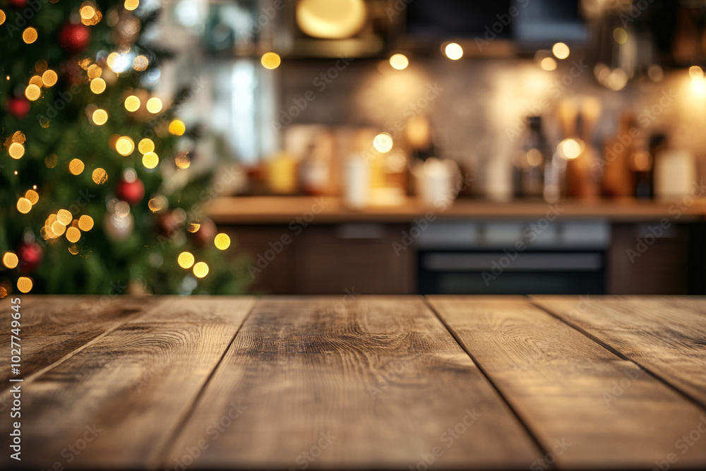 Empty wooden table top with blurred kitchen interior and decorated Christmas tree. Empty countertop with copy space Empty wooden table top with blurred kitchen interior and decorated Christmas tree. Empty countertop with copy space