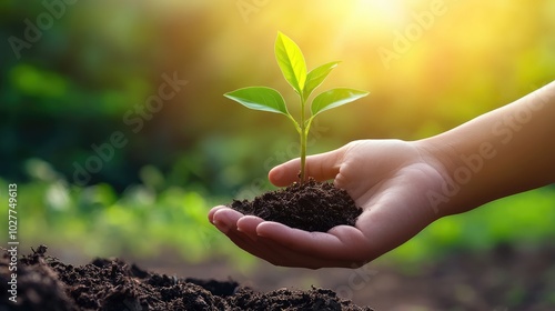 A hand supporting a small plant with a serene, nature-filled backdrop, showcasing personal responsibility for environmental care